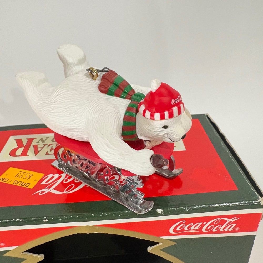Coca-Cola Polar Bear Collection Ornament Sledding Bear with Scarf and Box